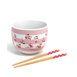 Hello Kitty Milk Bottle w/ Pink Stripe 20 OZ Ceramic Ramen Bowl with Chopsticks